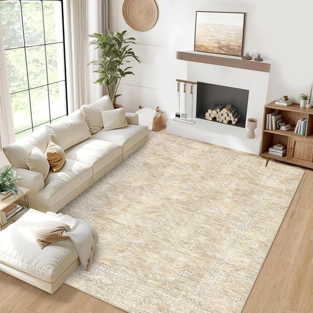 Beige 9 ft. x 12 ft. Washable Vintage Distressed Area Rug Bohemian Style Polyester - Hercitys