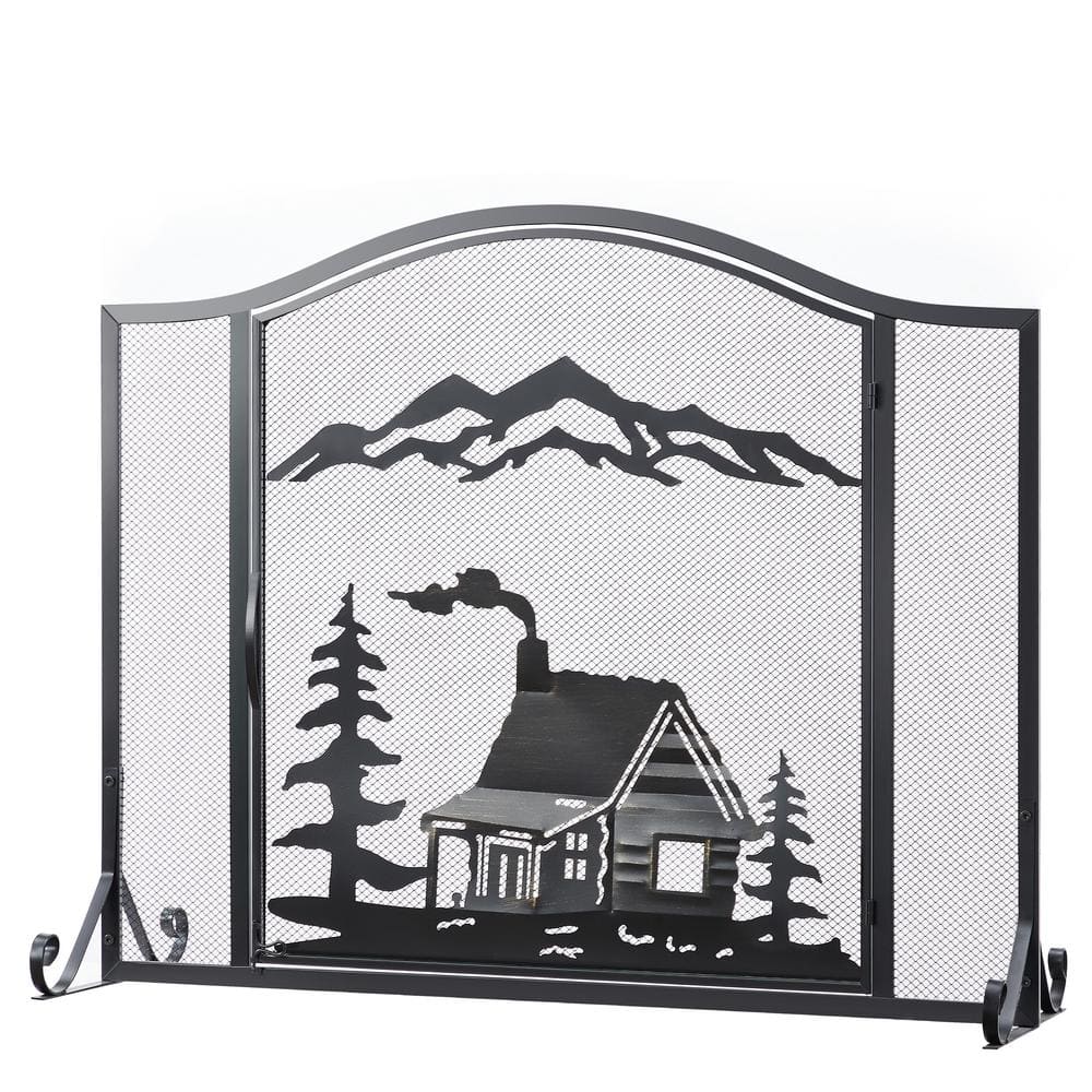 Ravenna Black Iron 1-Panel Fireplace Screen with Decorative Filigree - Hercitys