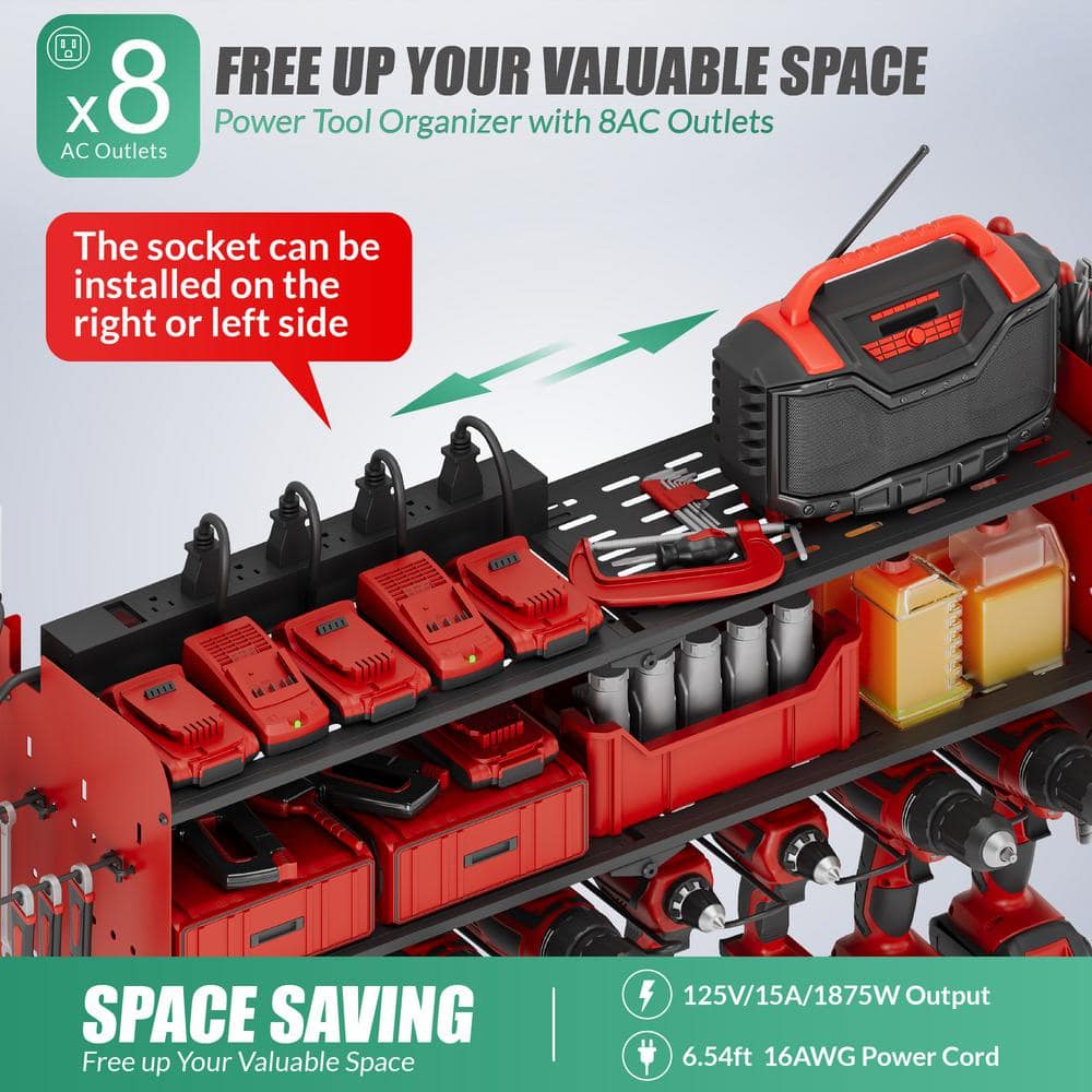 Power Tool Organizer- 8 Drill Wall Mount with Charging Station, Red - Hercitys