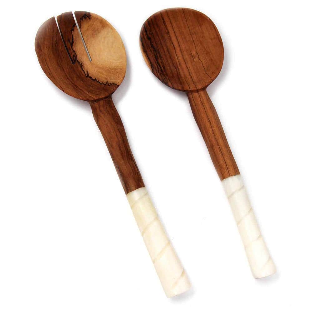 Olive Wood Salad Servers with Rounded Bone Handles - Hercitys