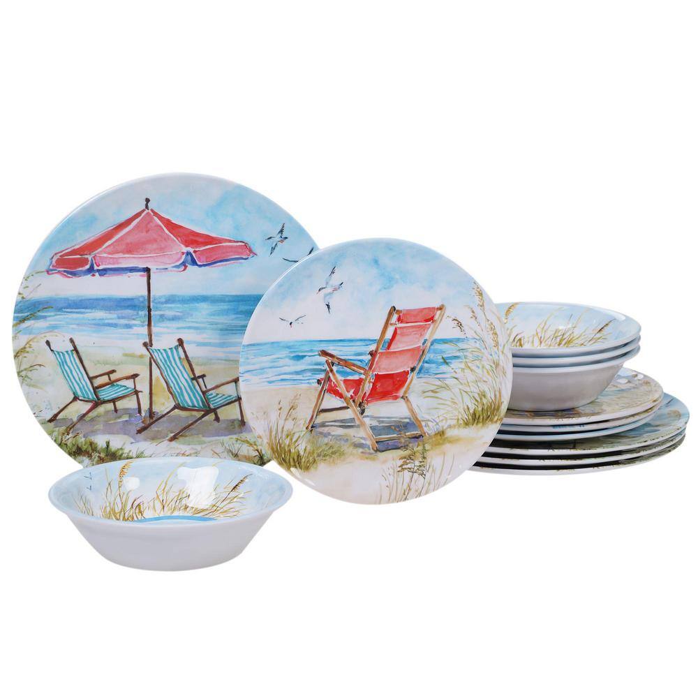 Ocean View 12-Piece Coastal Multi-colored Melamine Outdoor Dinnerware Set (Service for 4) - Hercitys