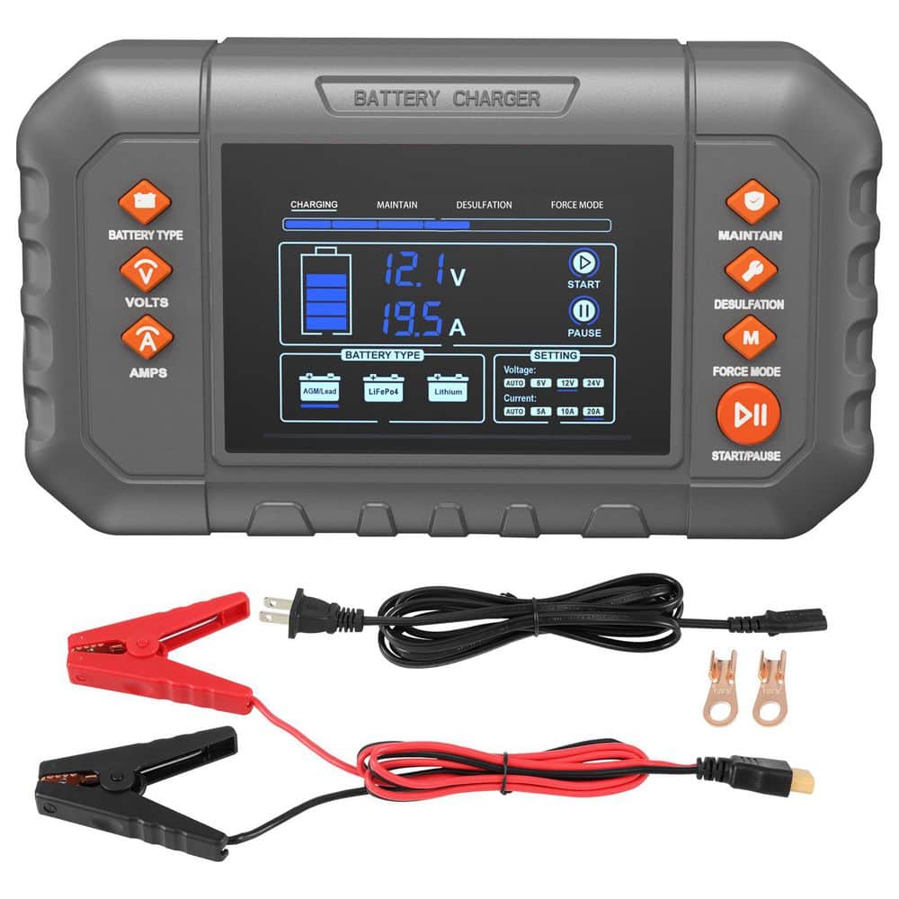 Smart Battery Charger, 20-Amp, Lithium LiFePO4 Lead-Acid (AGM / Gel / SLA) Car Battery Charger with LCD Display - Hercitys