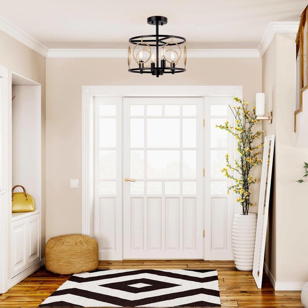 Modern Farmhouse Semi-Flush Mount, 12.8 in. 4-Light Black and Gold Drum Ceiling Light - Hercitys