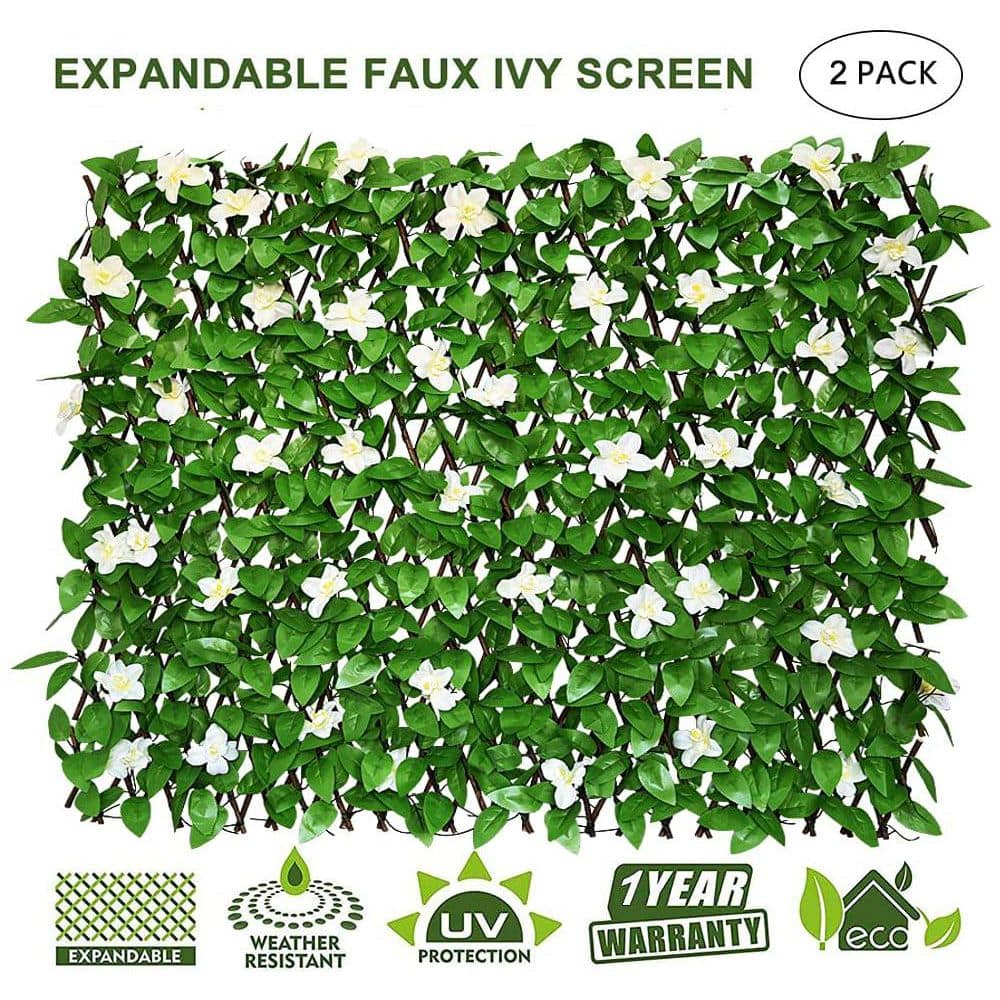 Outdoor Expandable Plastic Garden Fence Panel Privacy Screen-Single Sided Leaves in Green (2 Green-Flowers) - Hercitys