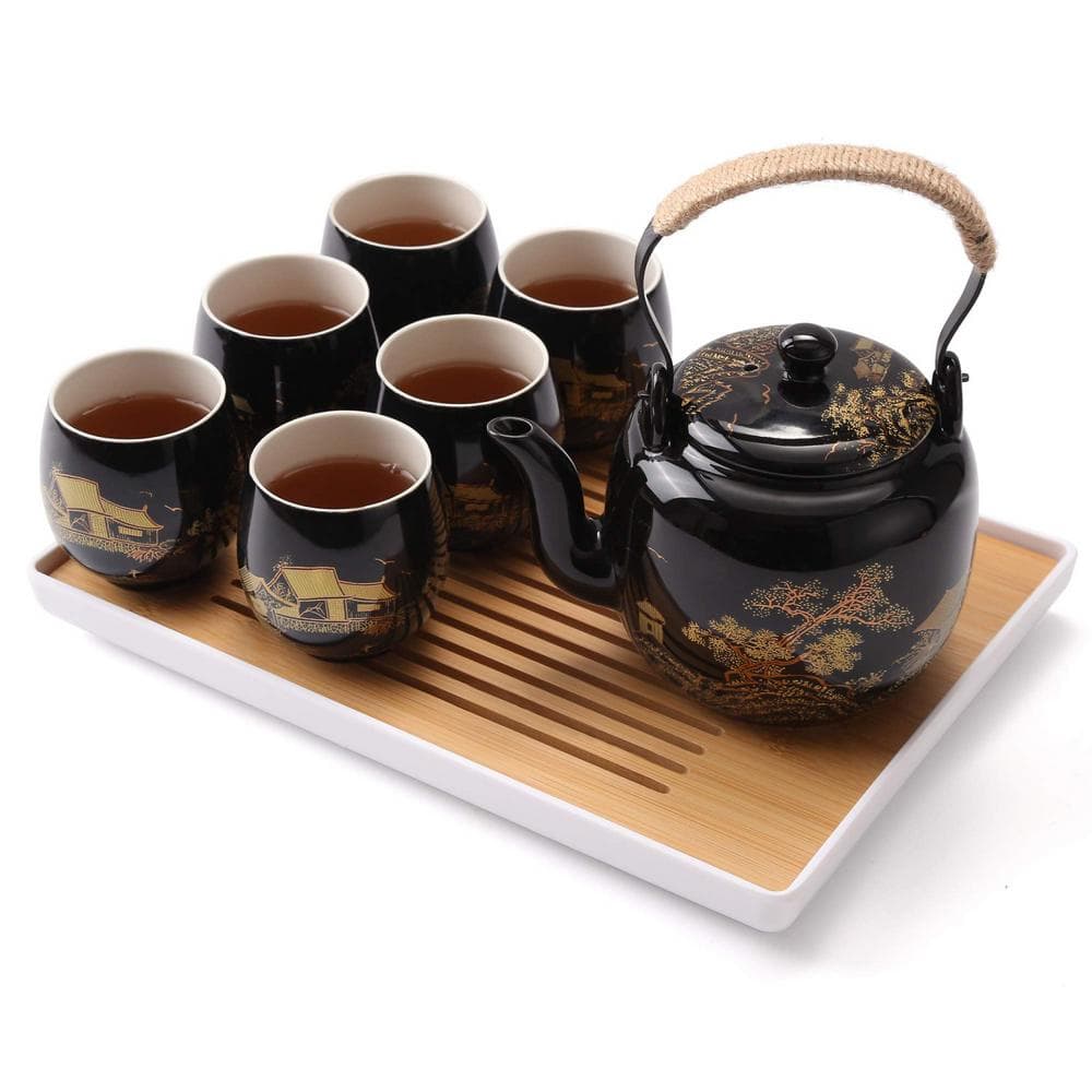 6-Cup Black Japanese Beautiful Asian Porcelain Tea Set with 1 Teapot, 6 Tea Cups, 1 Tea Tray and 1 Stainless Infuser - Hercitys