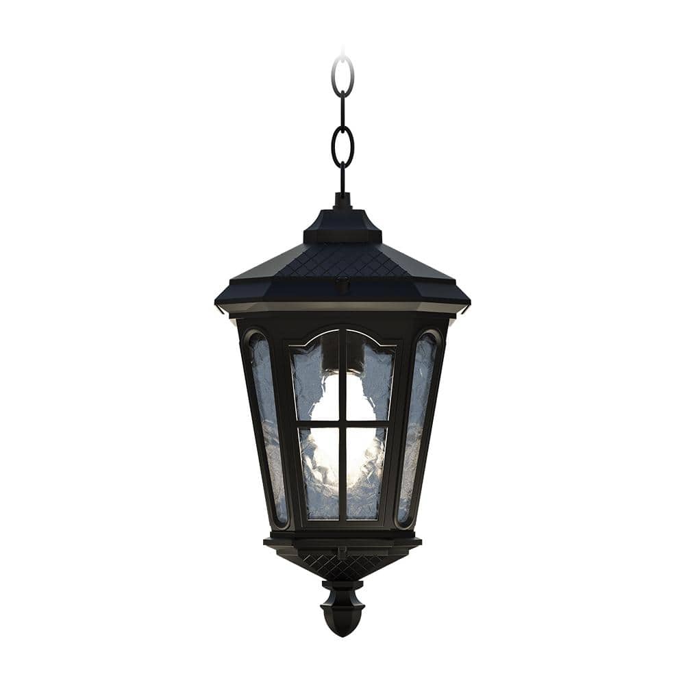 Bentham 17 in. 1-Light Black LED Outdoor Hanging Pendant Light Hammered Glass (Bulb Included) - Hercitys