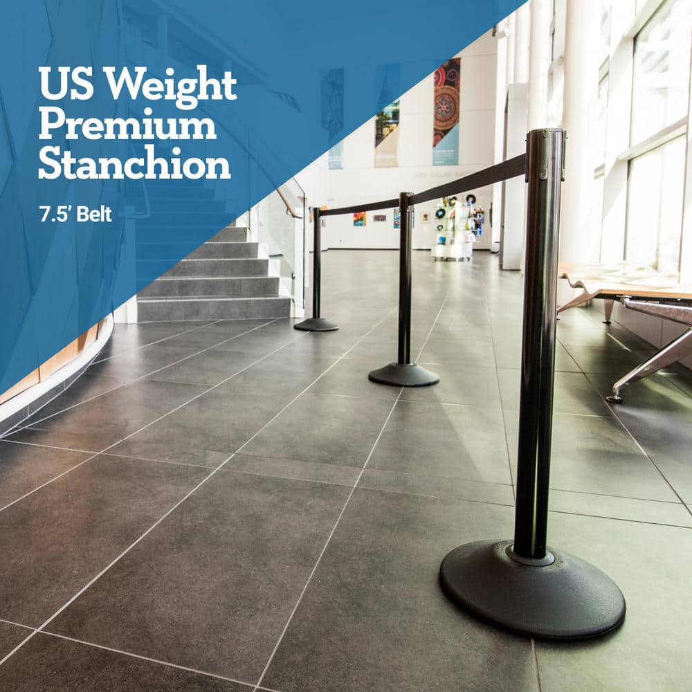 US Weight Heavy-Duty Black Premium Steel Stanchion with 7.5 ft. Black Retractable Belt (2-Pack) - Hercitys