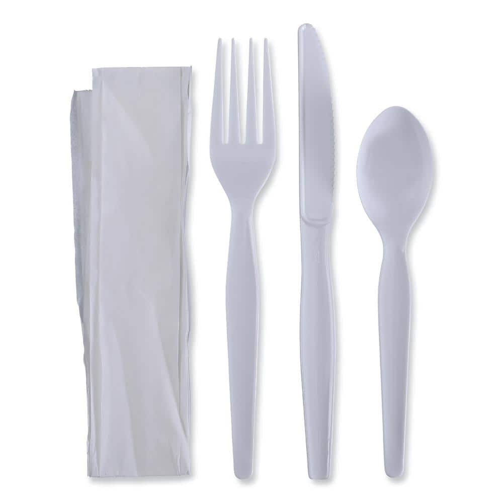 White Heavyweight Disposable Polystyrene Utensils, 4-Piece Cutlery Kit, Fork/Knife/Napkin/Teaspoon (250-Carton) - Hercitys