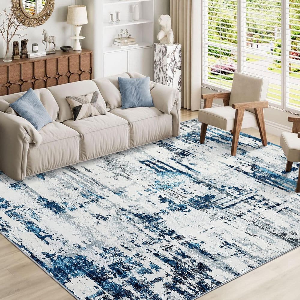 Modern Abstract Low Pile Soft Thin Carpet Washable for Bedroom Living Room Laundry Office Blue, 5 ft. x 7 ft. Area Rug - Hercitys