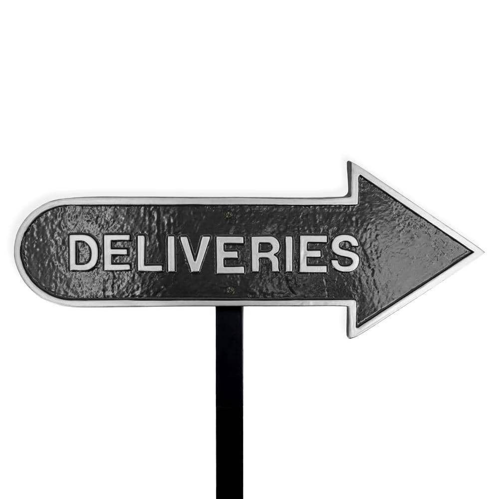 6 in. x 15.5 in. Right Arrow Deliveries Statement Plaque Sign with Lawn Stake-Black/Silver - Hercitys