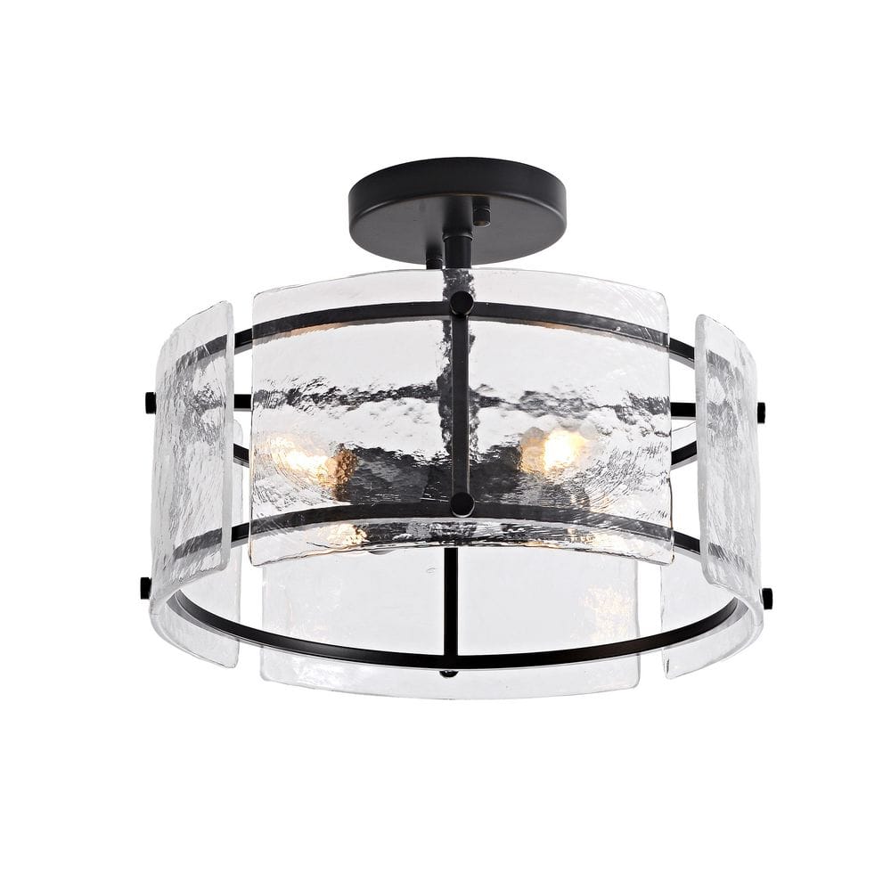 Elvira 16″ in diameter Black 4-Light Water Textured Glass Drum Flush Mount - Hercitys