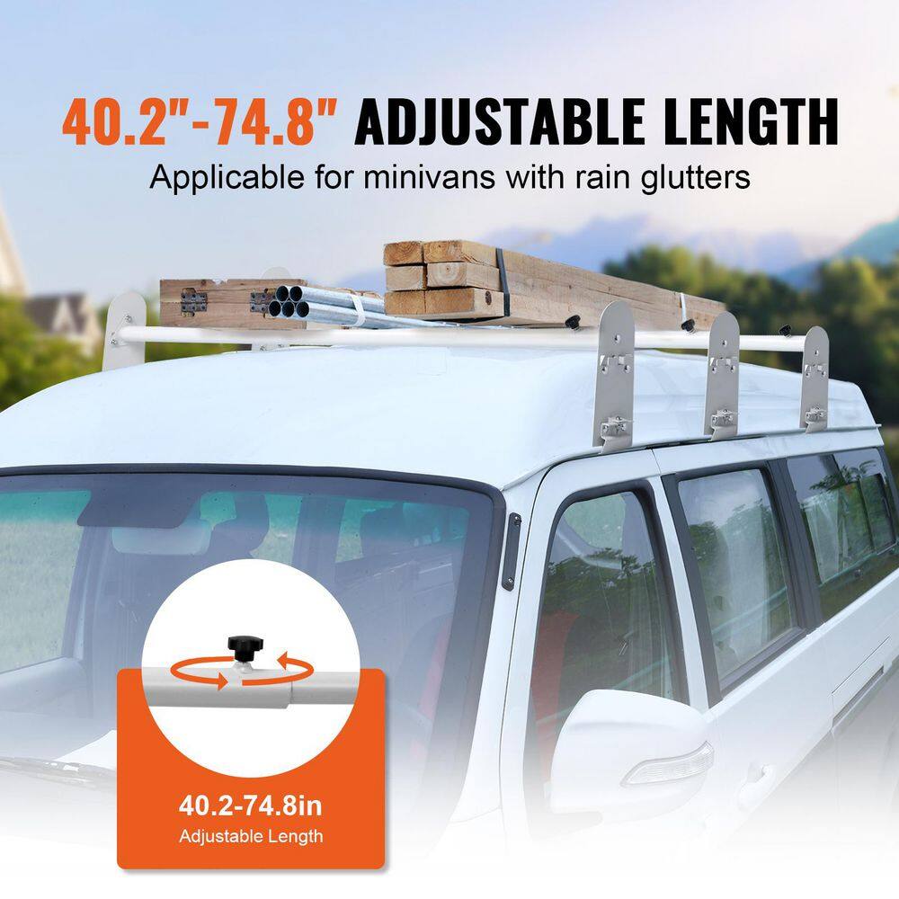 Van Roof Ladder Rack 3 Bars Alloy Steel Roof Racks, 750lbs. Capacity Rain-Gutter Roof Rack, Length 40.2in. to 74.8in. - Hercitys