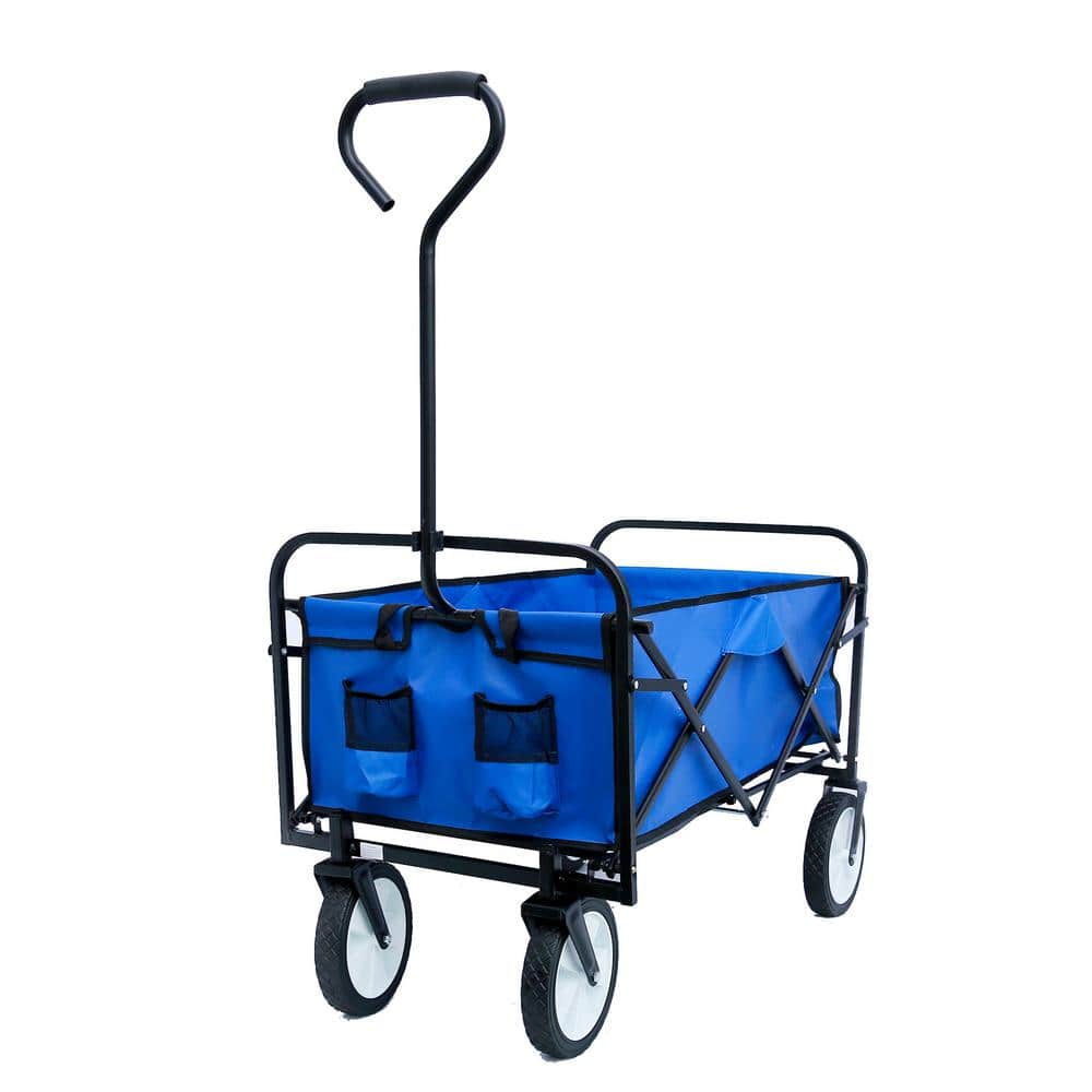 Blue Collapsible 4 cu ft Fabric Steel Frame Garden Cart for Shopping Beach Outdoor Folding Wagon with Adjustable Handle - Hercitys