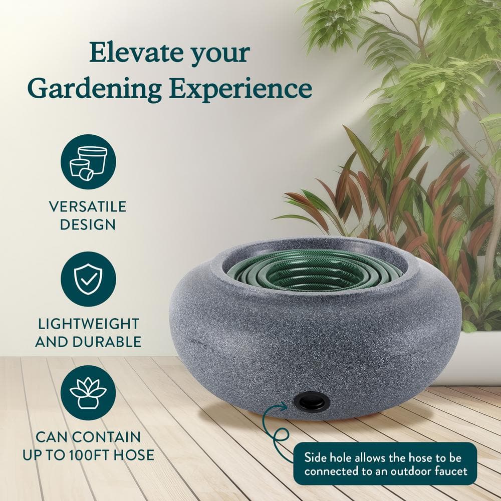 HC Companies 21 in. Decorative Plastic Outdoor Garden Hose Storage Pot, Granite - Hercitys