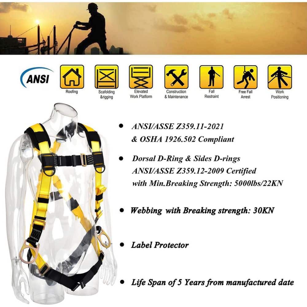 Universal Full Body Personal Protection Safety Harness 3D-Ring 5-Point Adjustment ANSI/ASSE Compliant 310 lbs. - Hercitys