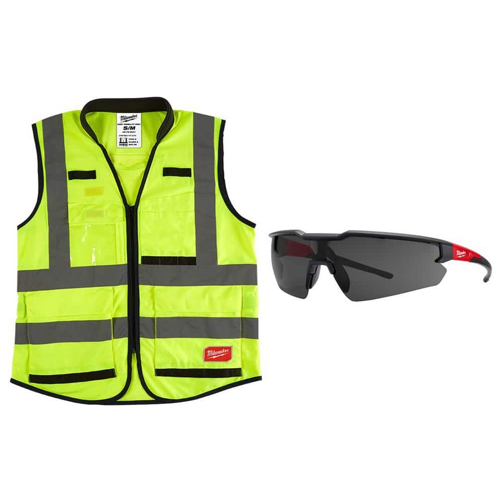 Premium 4X-Large/5X-Large Yellow Class 2-High Vis Safety Vest with 15-Pockets and Tinted Anti Scratch Safety Glasses - Hercitys