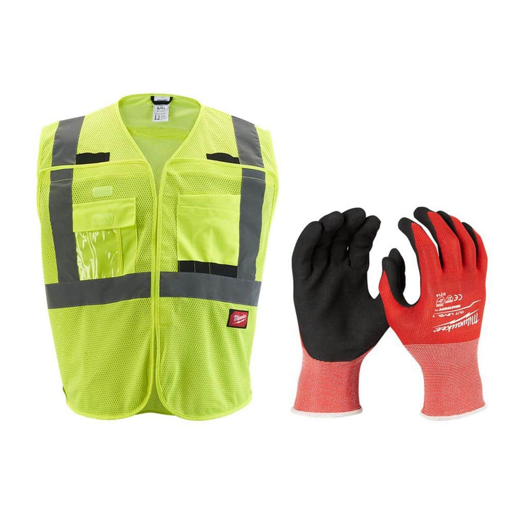 Large/X-Large Yellow Class 2 Breakaway Mesh High Vis Safety Vest and X-Large Red Nitrile Cut Level 1 Dipped Work Gloves - Hercitys