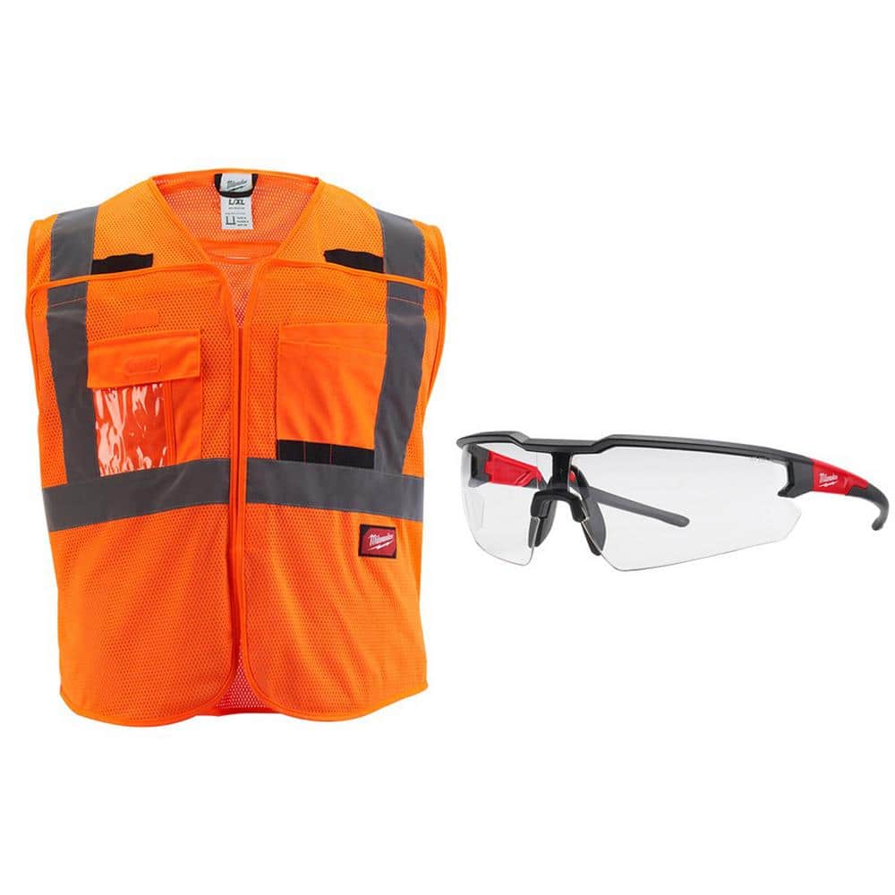 Small/Medium Orange Class 2 Breakaway Mesh High Vis Safety Vest with 9-Pockets and Clear Anti Scratch Safety Glasses - Hercitys
