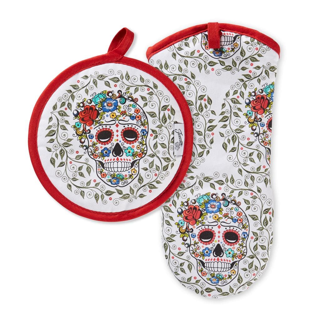 Skull and Vine Cotton Multicolor Oven Mitt and Pot Holder Set (2-Pack) - Hercitys