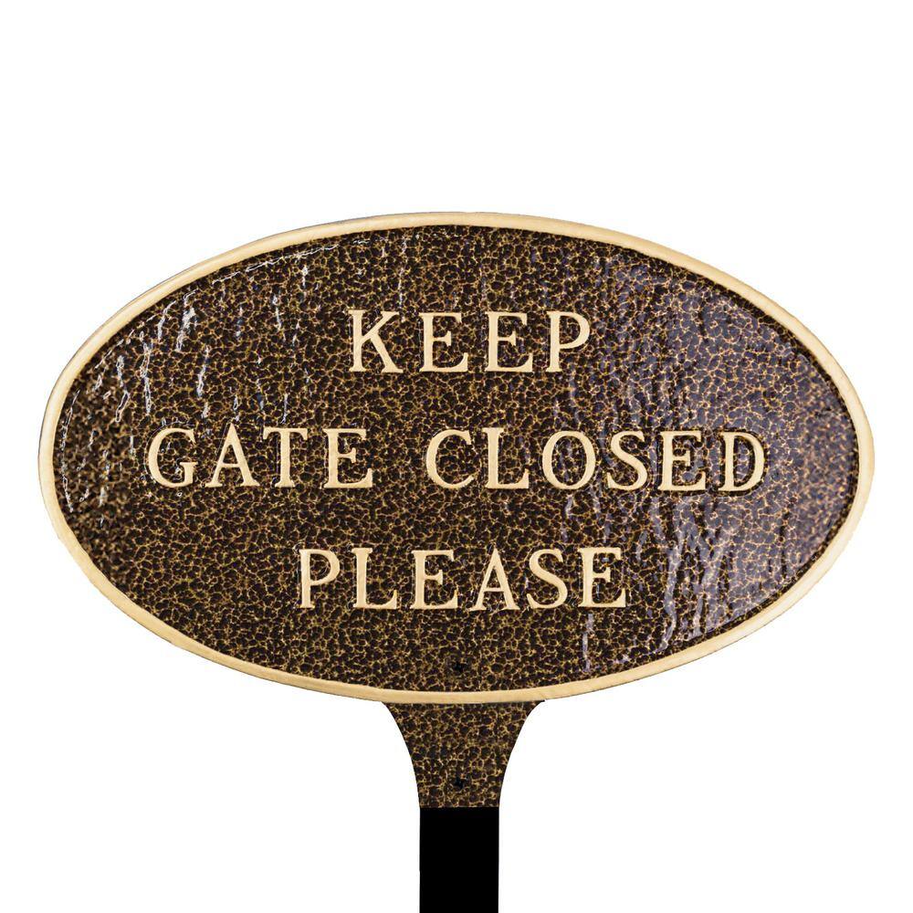 Keep Gate Closed Please Standard Oval Statement Plaque with Lawn Stake Hammered Bronze - Hercitys