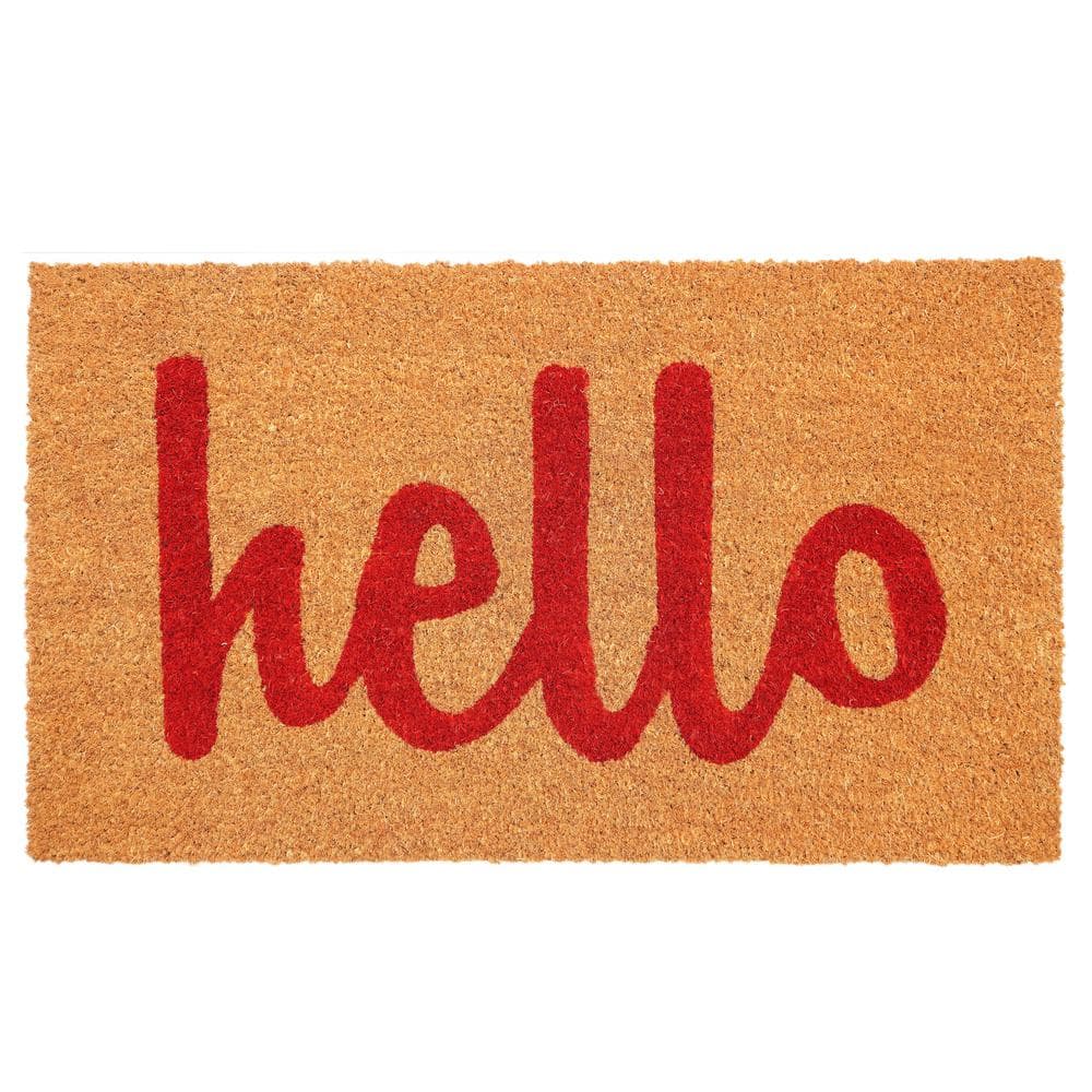 Hello Natural/Red Script 24 in. x 36 in. Door Mat - Hercitys