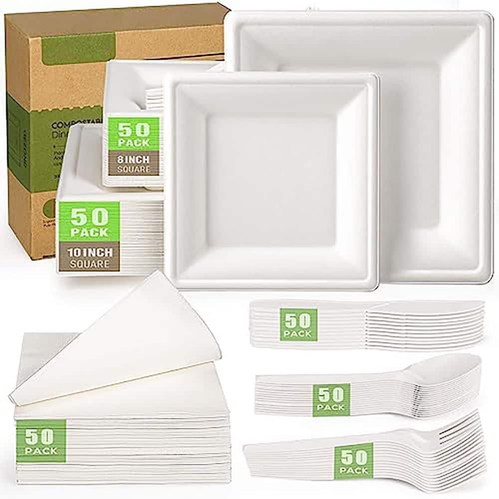 White Disposable Sugarcane Plates and Cutlery Set (300-Piece Per Case) - Hercitys