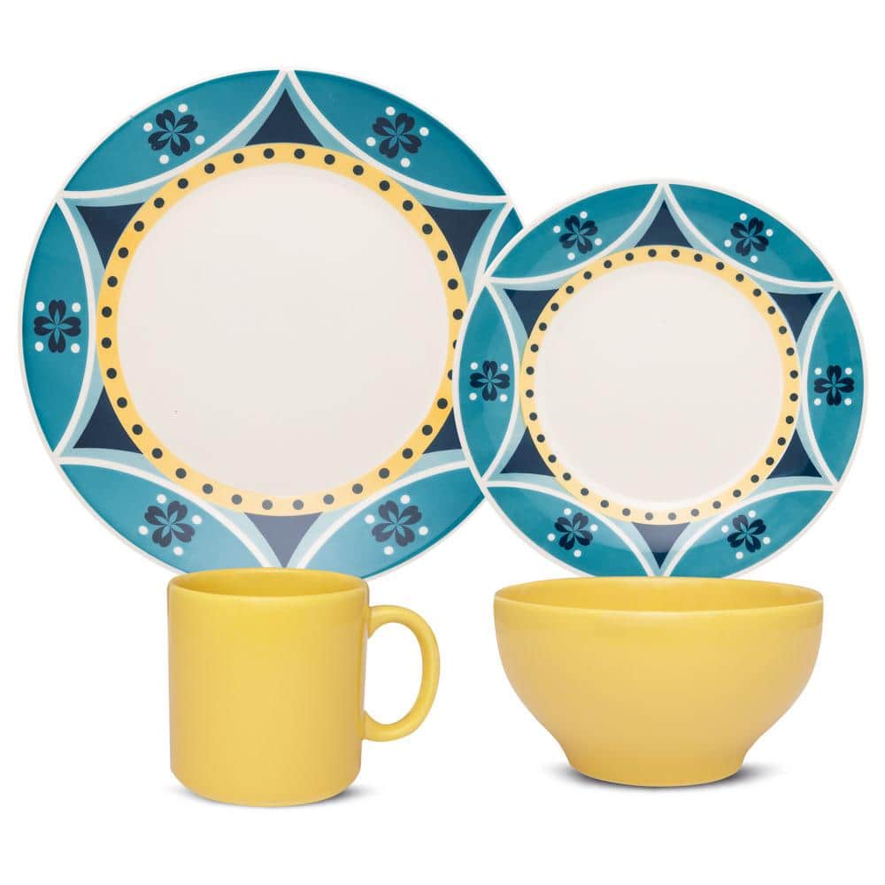 Actual Yellow and Blue 16-Piece Casual Yellow and Blue Earthenware Dinnerware Set (Service for 4) - Hercitys
