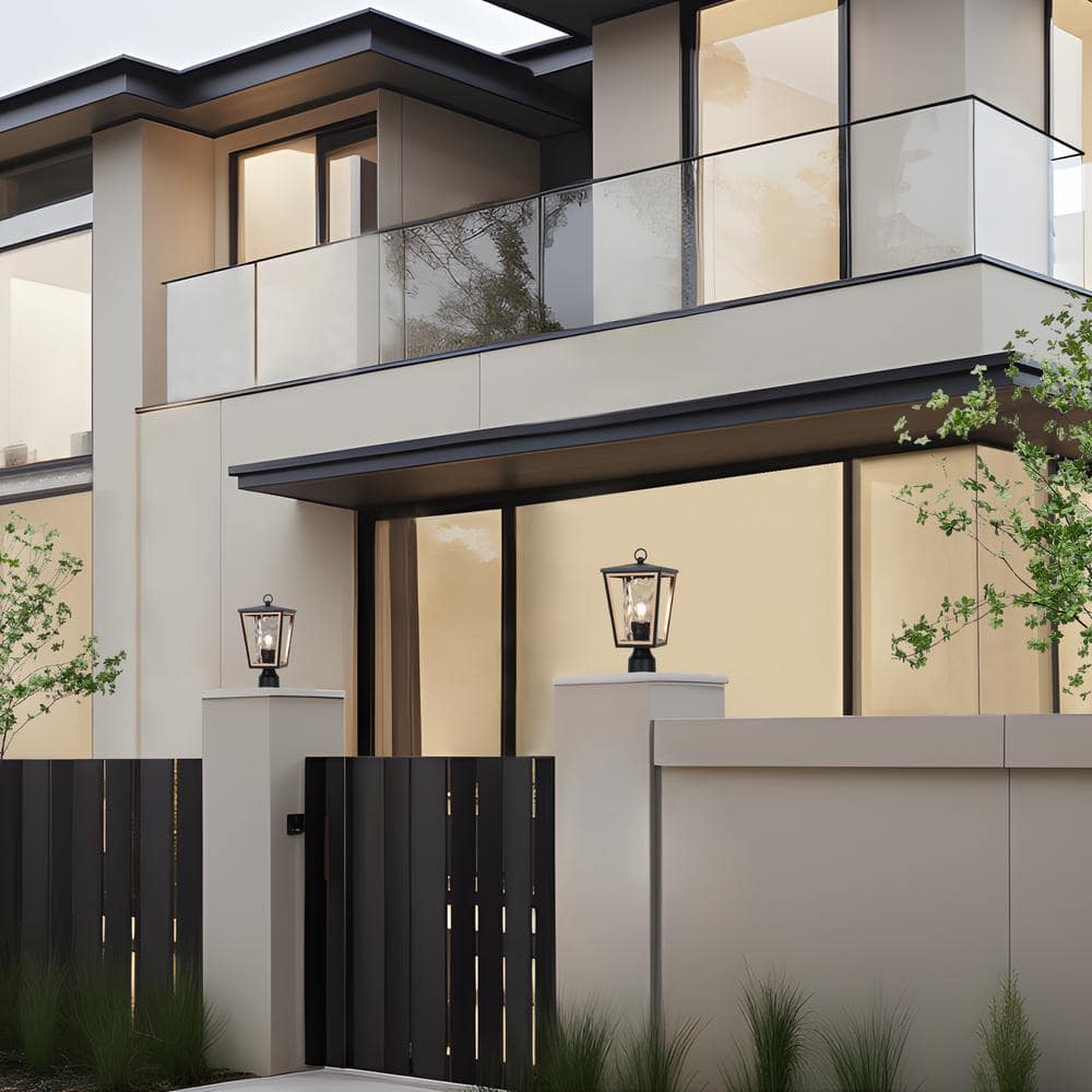 Modern 15.7 in. 1-Light Black Gold Metal Outdoor Weather Resistant Post Light Clear Glass Porch Walkway Post Lantern - Hercitys