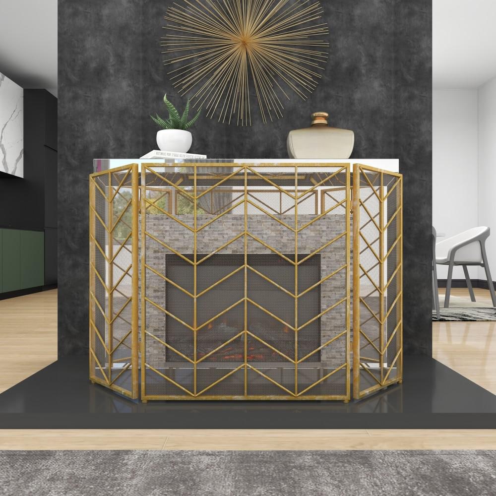 Gold Metal 52 in. W Foldable Mesh Netting 3 Panel Geometric Fireplace Screen with Chevron Pattern - Hercitys