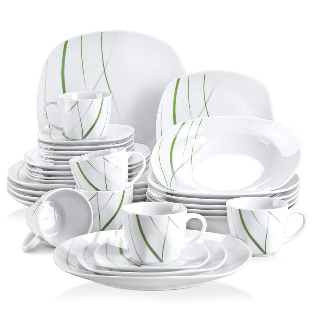 Aviva 30-Piece Modern Ivory White with Green Stripe Porcelain Dinnerware Set (Service for 6) - Hercitys