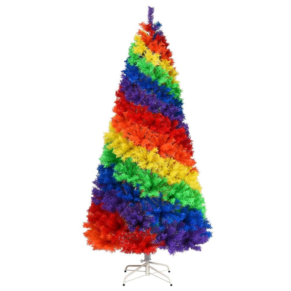 7 ft. Colorful Rainbow Hinged Artificial Christmas Tree Holiday Decor with Metal Stand - Hercitys