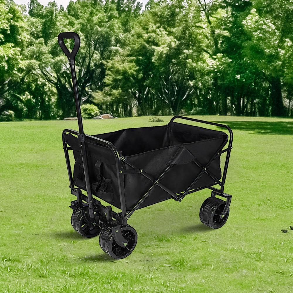 7 cu. ft. Black 100L Collapsible Folding Beach Wagon Cart with 220 lbs. Large Capacity, Metal Garden Cart - Hercitys