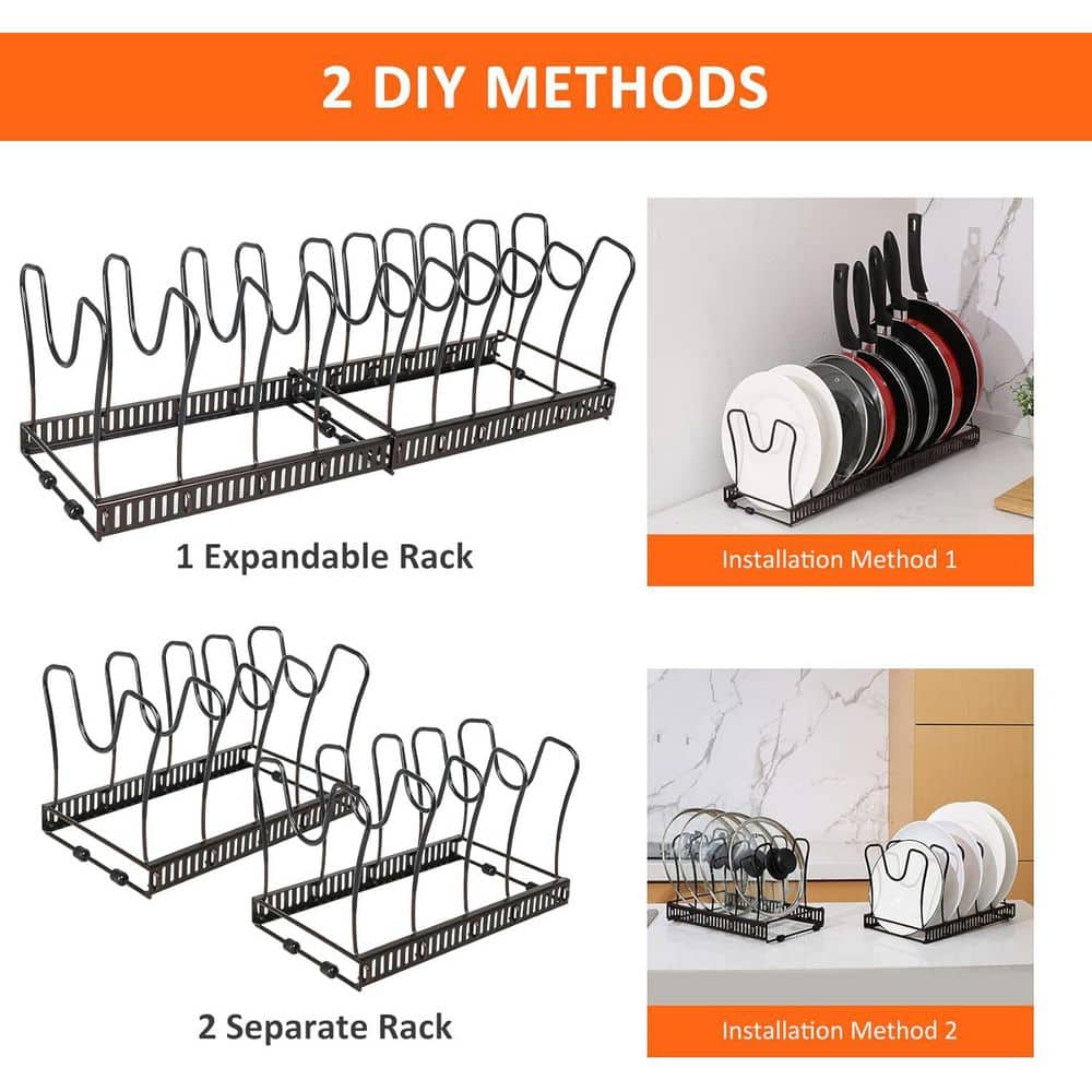 Iron Standing Expandable Pan Organizer for Cabinet Pot Rack with 10 Adjustable Compartment for Kitchen Cabinet, Bronze - Hercitys