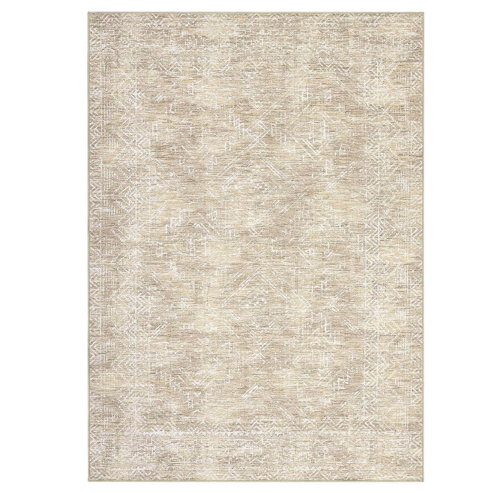 Beige 9 ft. x 12 ft. Washable Vintage Distressed Area Rug Bohemian Style Polyester - Hercitys