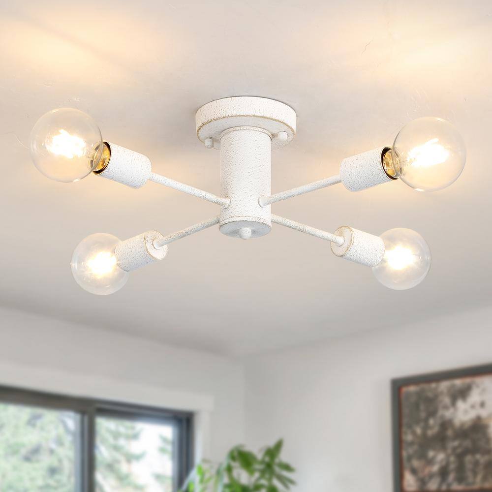 Theis 17.5 in. 4-Light White Semi-Flush Mount Sputnik Chandelier Linear Ceiling Mount Light for Bedroom Room Dining Room - Hercitys