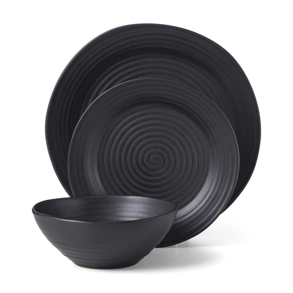 Ridge Black 12-Piece Black Stoneware Dinnerware (Set Service For 4) - Hercitys