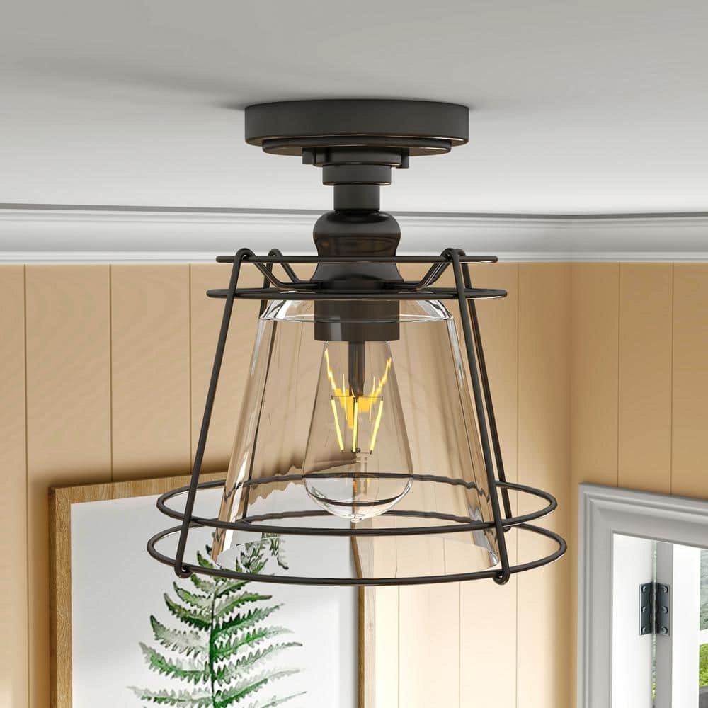 Streatley 10 in. Farmhouse 1-Light Matte Black Dimmable Semi-Flush Mount with Clear Glass Shade - Hercitys