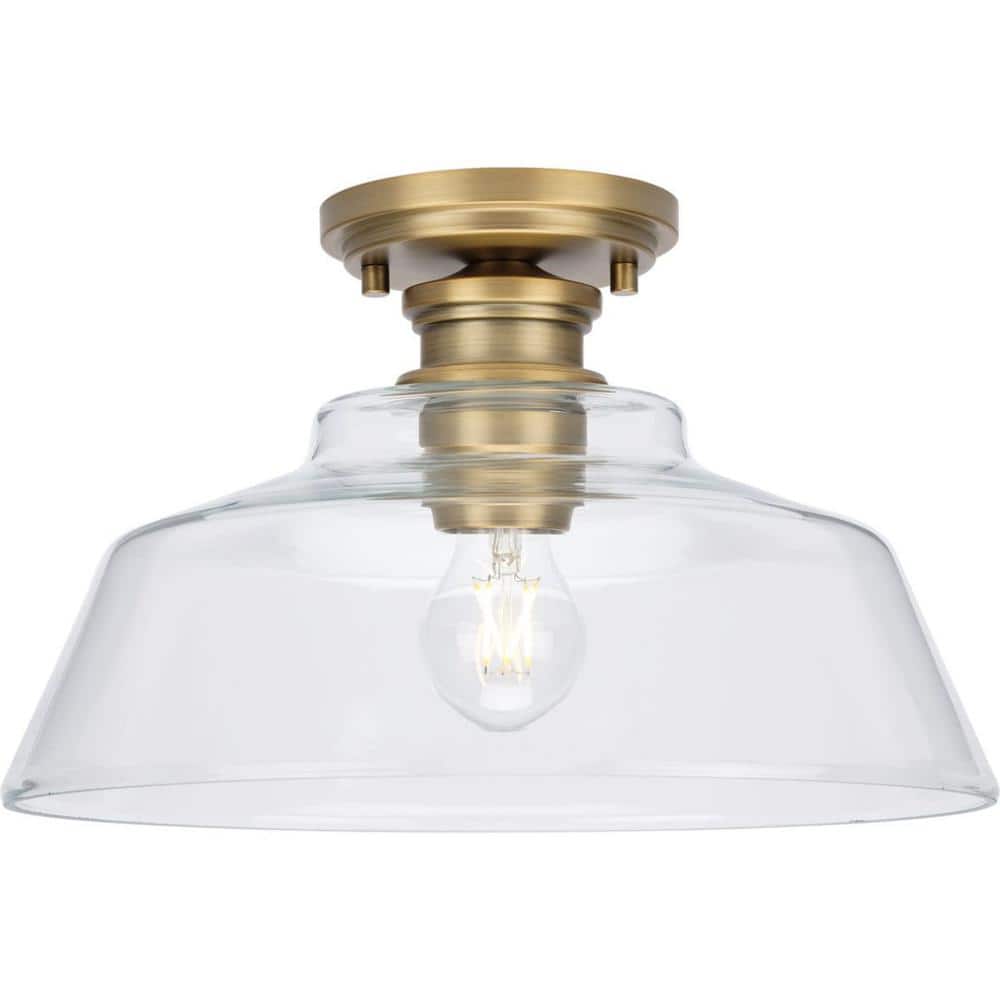 Singleton 14 in. 1-Light Vintage Brass Medium Semi-Flush Mount Light with Clear Glass Shade - Hercitys