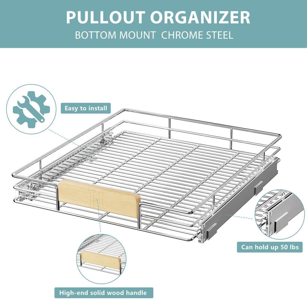 Space Saver Silver Metal Pull-Out Organizer for Kitchen Wooden Handle Slide Out Storage - Hercitys