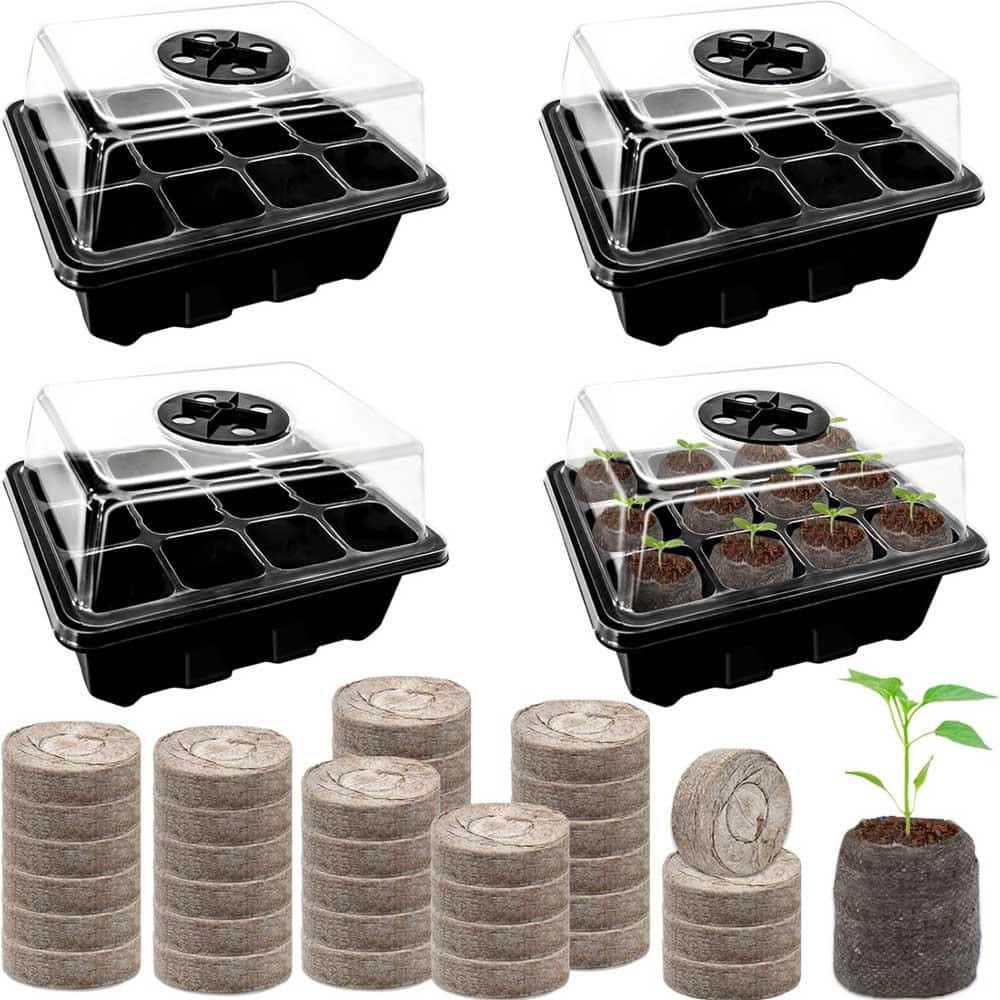 Seed Starter Kit 4-Pack 48 Cells Black with Peat Pellets for Organic Seedlings Vegetables Flowers Planting - Hercitys