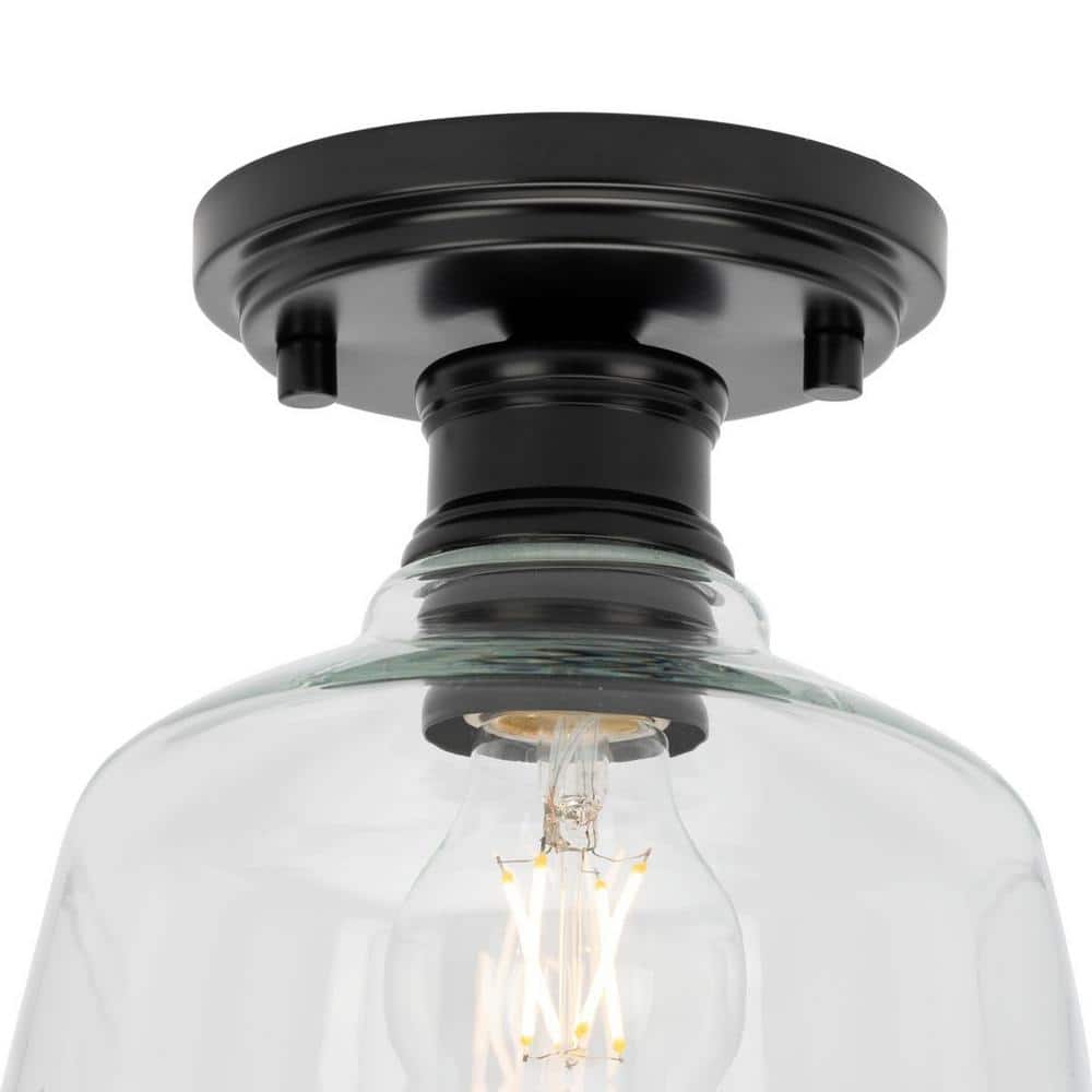 Singleton 7.62 in. 1-Light Matte Black Small Semi-Flush Mount Light with Clear Glass Shade - Hercitys