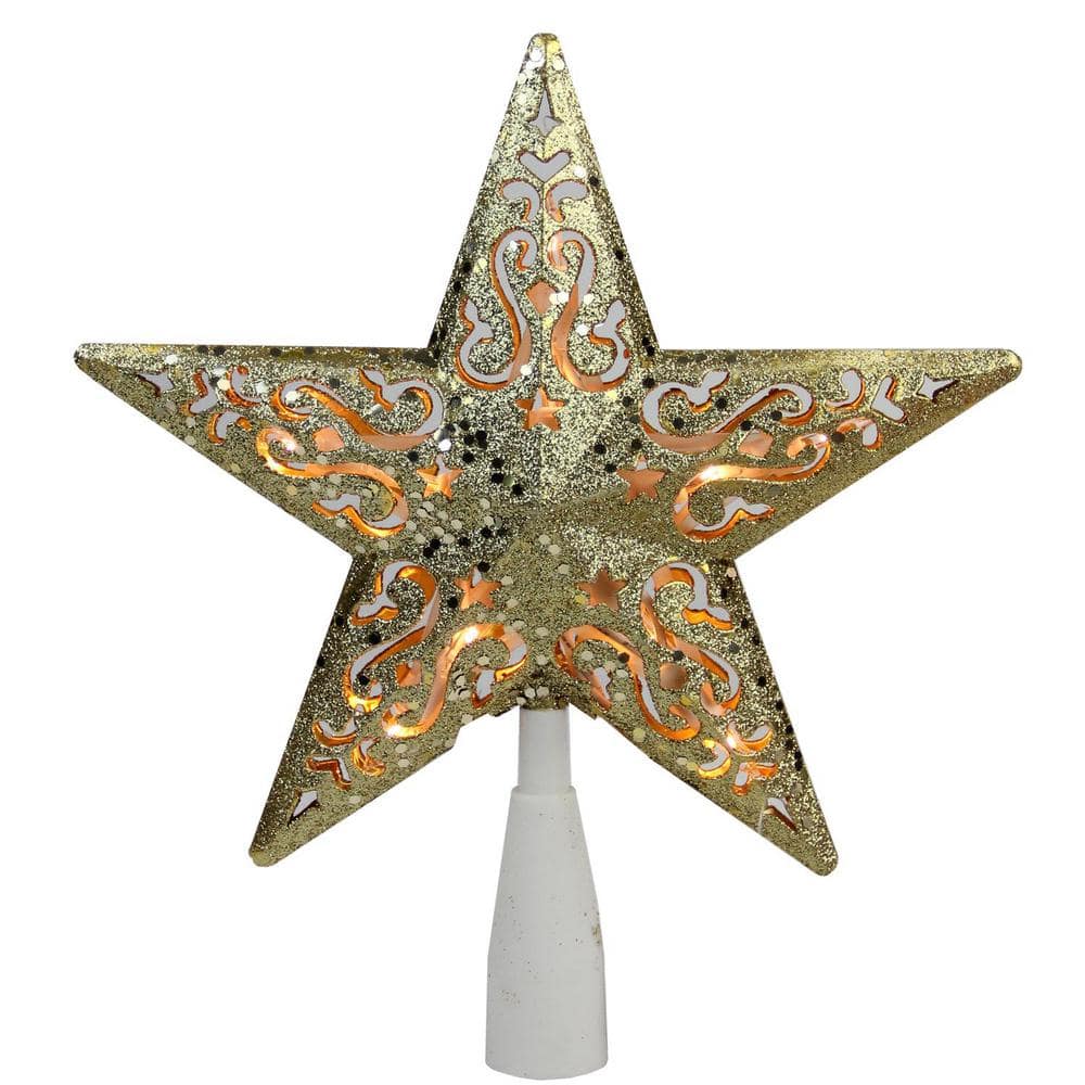 8.5 in. Gold Glitter Star Cut-Out Design Christmas Tree Topper – Clear Lights - Hercitys