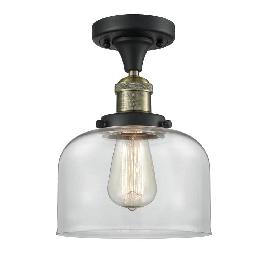 Bell 8 in. 1-Light Black Antique Brass Semi-Flush Mount with Clear Glass Shade - Hercitys