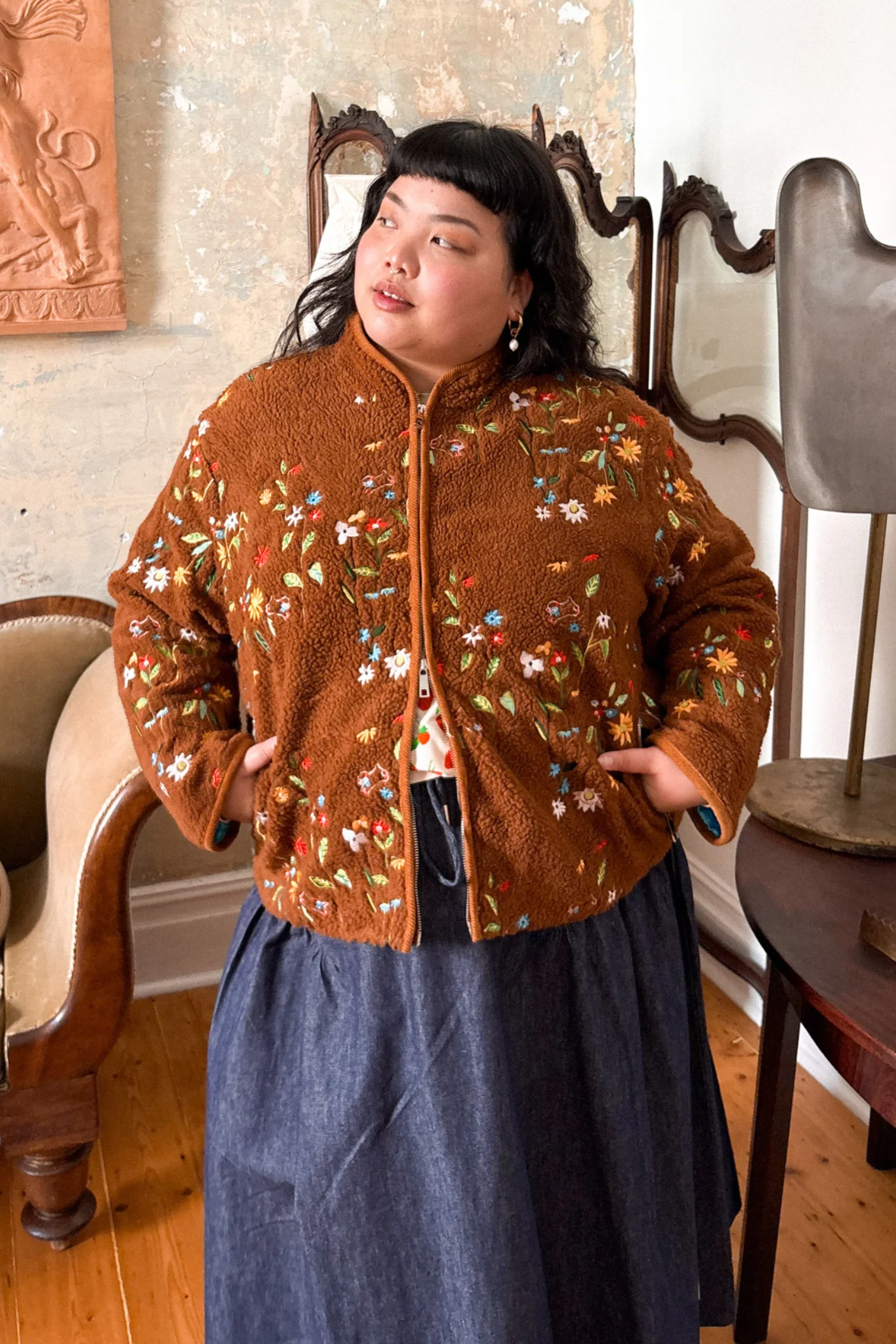 EMBROIDERED FLEECE JACKET - CHOCOLATE GARDEN - Hercitys